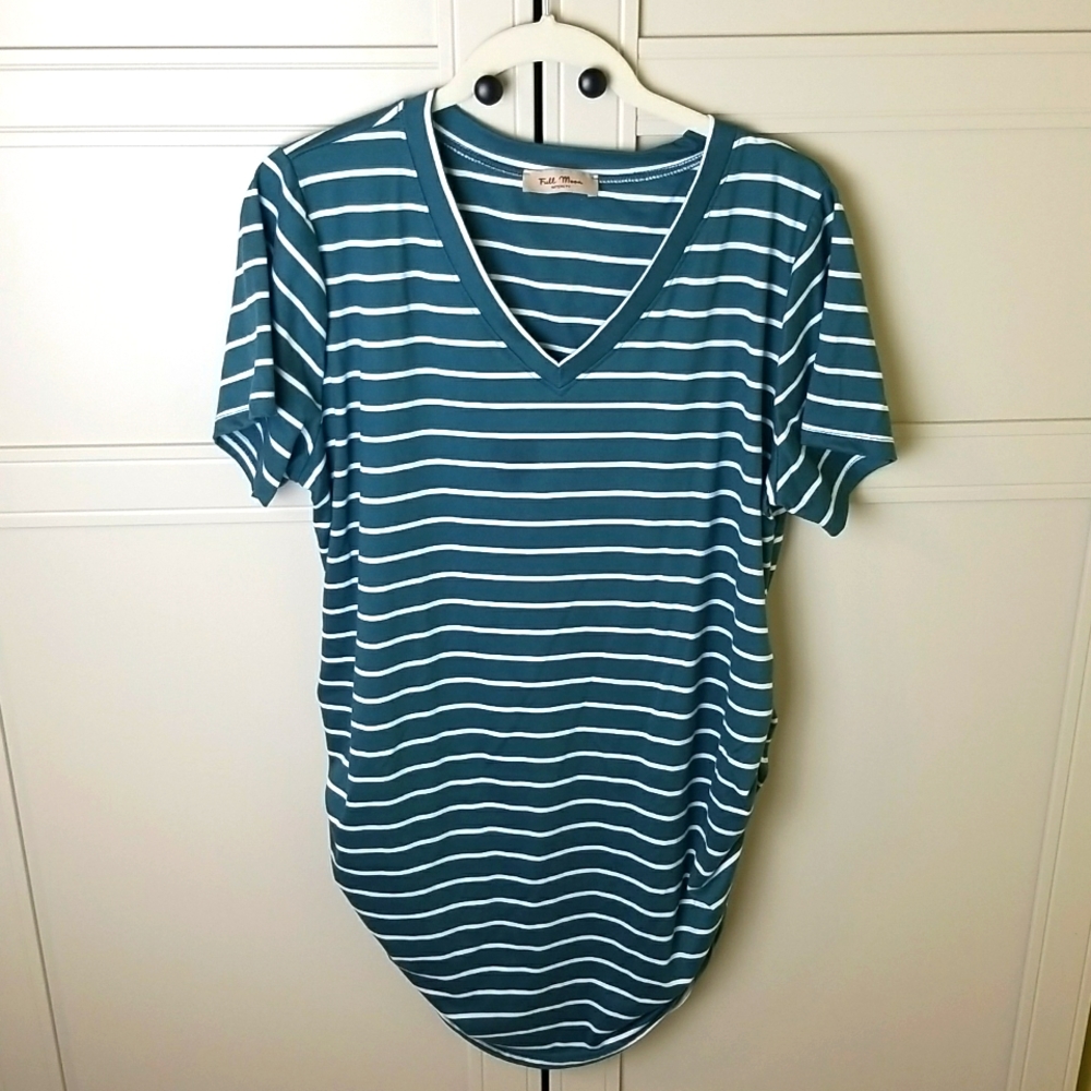 1X Maternity Full Moon striped tee t-shirt top short sleeve V-neck Teal White